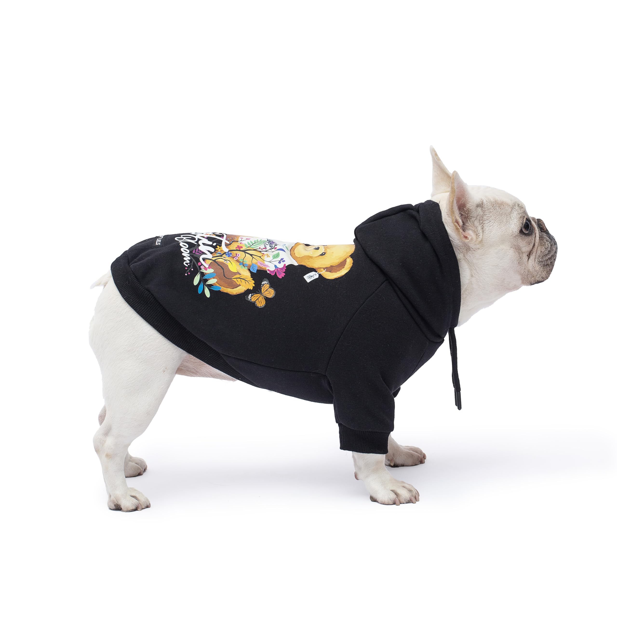 Woof Trails Blooming Teddy Hoodie front view emphasizes cozy fleece and soft cotton blend.
