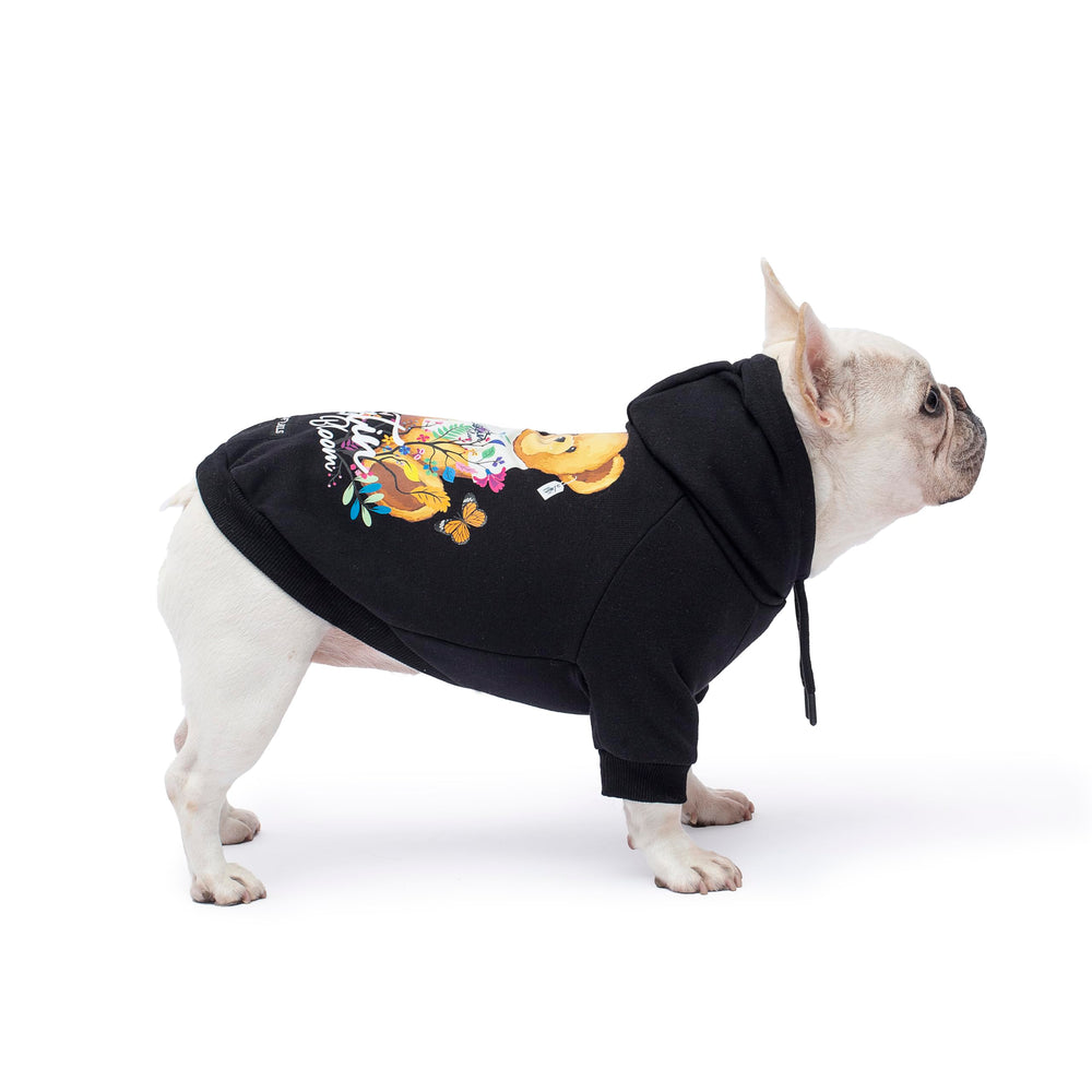 Woof Trails Blooming Teddy Hoodie front view emphasizes cozy fleece and soft cotton blend.