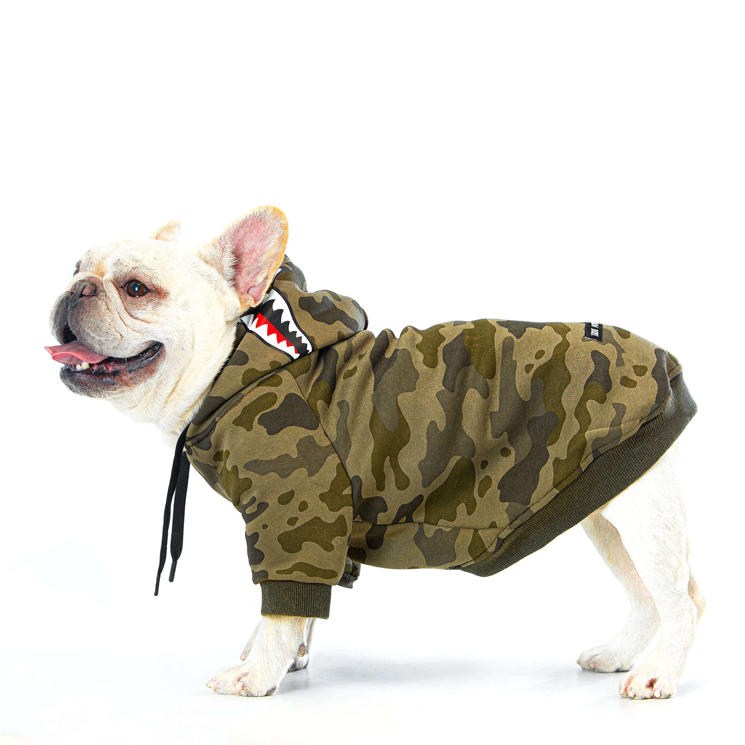 Woof Trails camo dog hoodie chest measurement helps tailor snug comfort