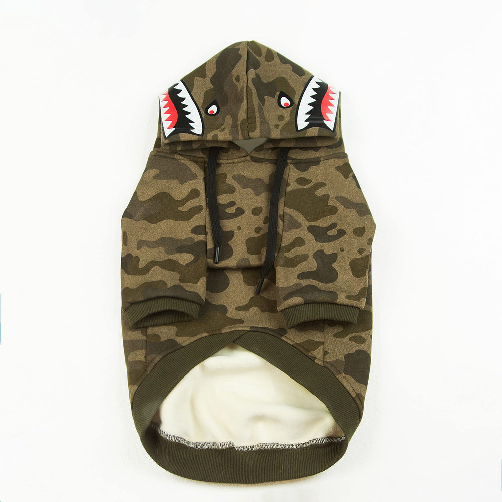 Woof Trails camo dog hoodie hood-detail adds bold adventure-ready style