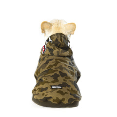 Woof Trails camo dog hoodie leash-hole detail enables easy leash attachment