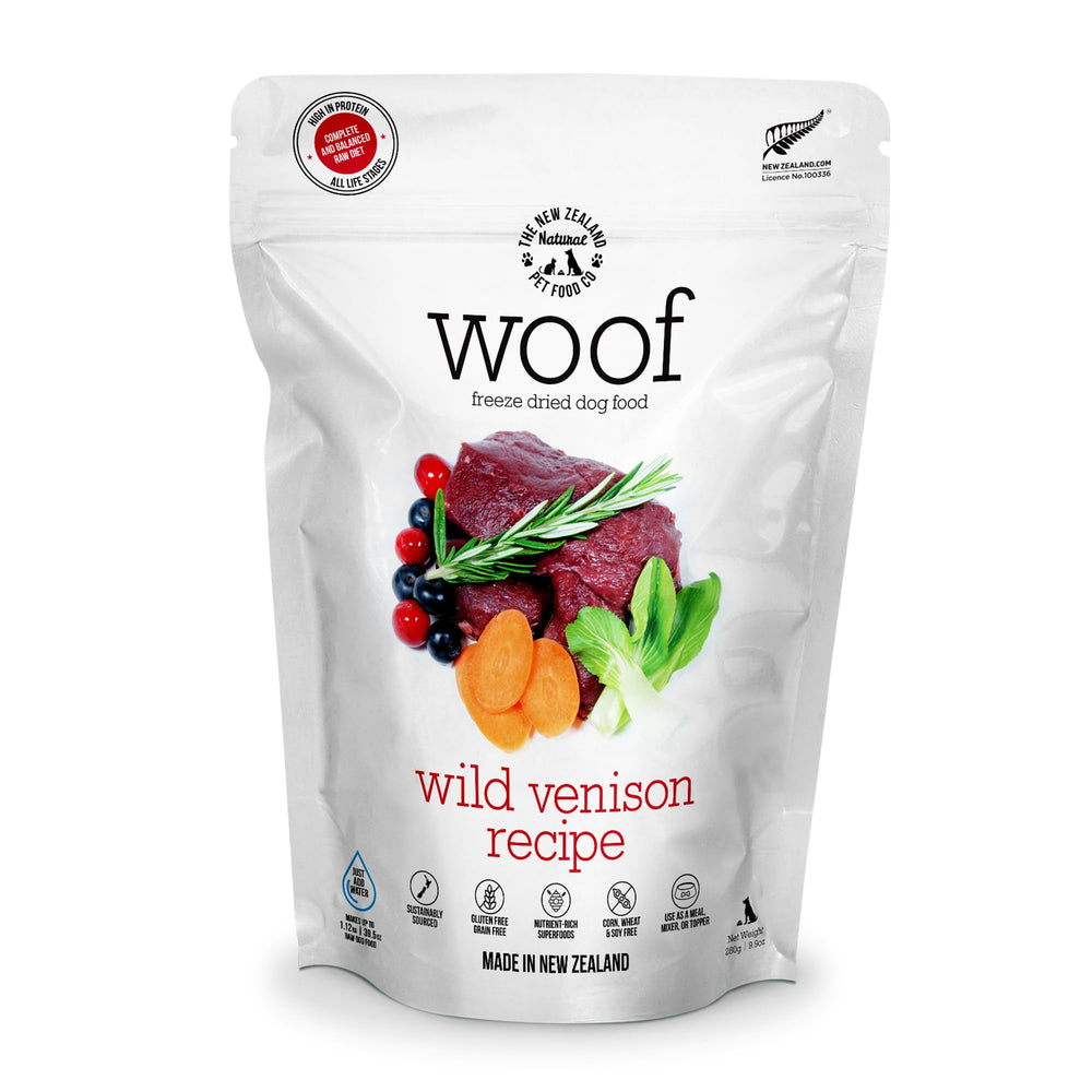 The New Zealand Natural Pet Food Co. WoOF Wild Venison freeze-dried bag for high-protein meals.