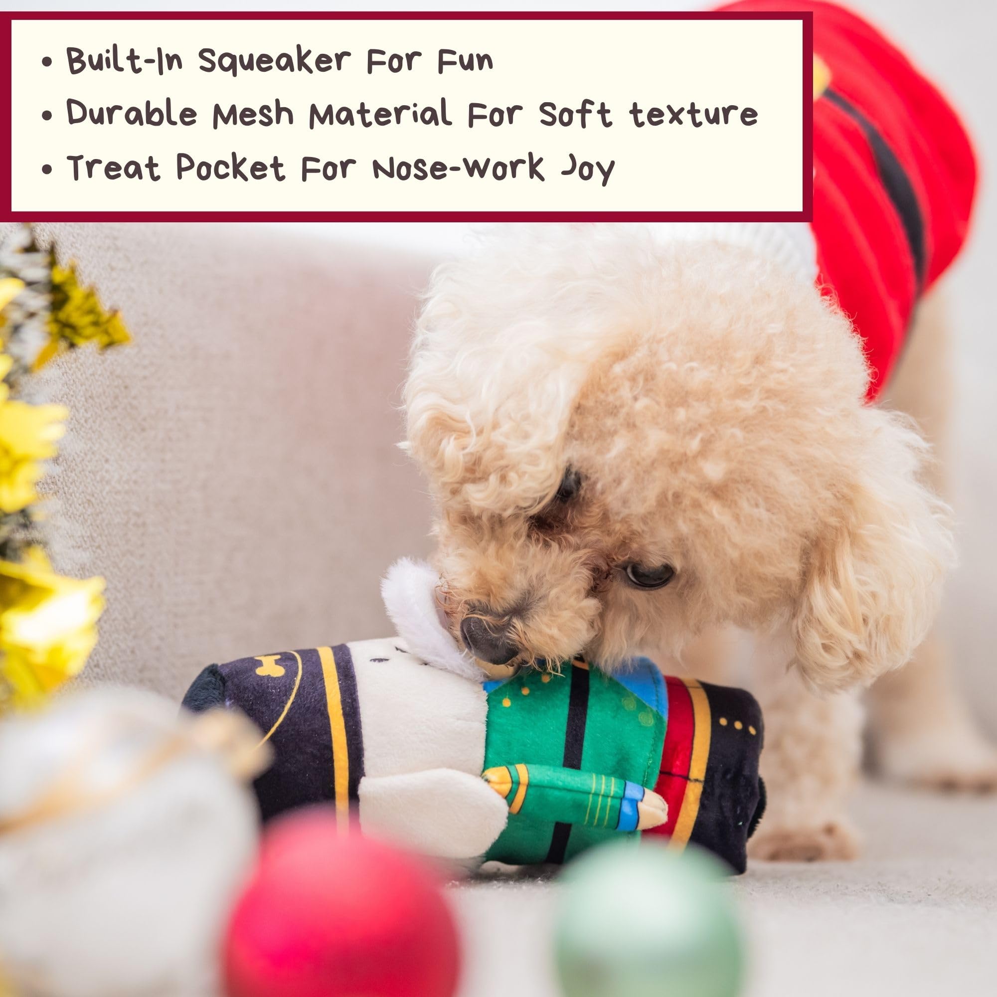 Woof² Nutcracker with squeaker image emphasizes built-in squeak for engaging play sessions.