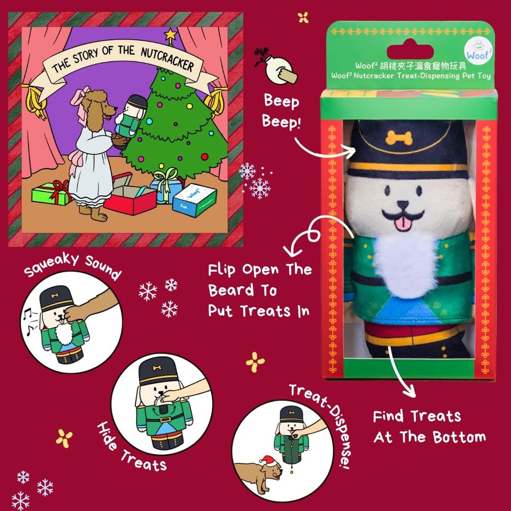Woof² Nutcracker toy side view highlights durable plush construction for long-lasting dog entertainment.