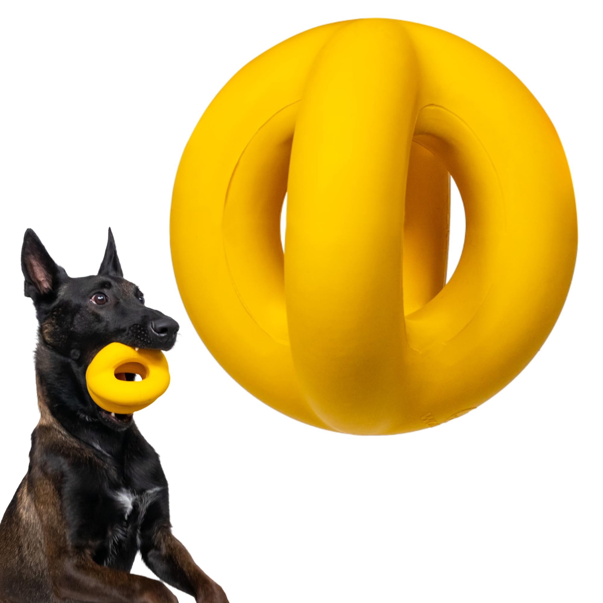 WoofBite Indestructible Ball close-up showing rugged natural rubber for power chewers