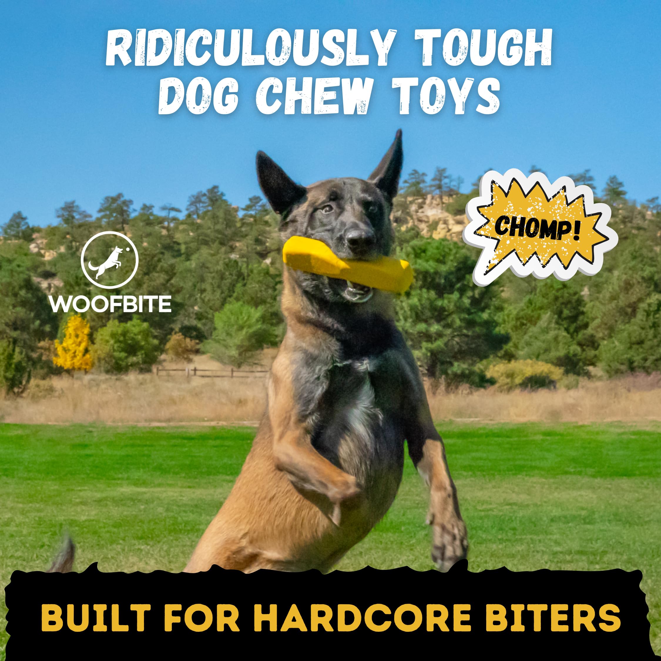 WoofBite Indestructible Stick Toy heavy-duty rubber in action for lasting chew sessions