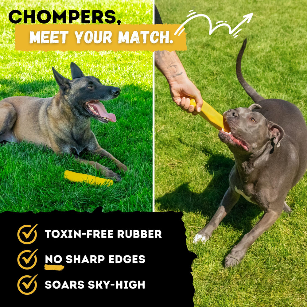 WoofBite Indestructible Stick Toy in bright yellow, easy to locate during play