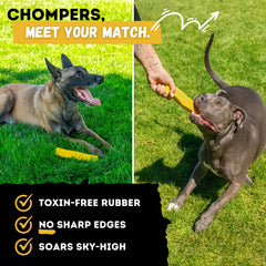 WoofBite Indestructible Stick Toy in bright yellow, easy to locate during play