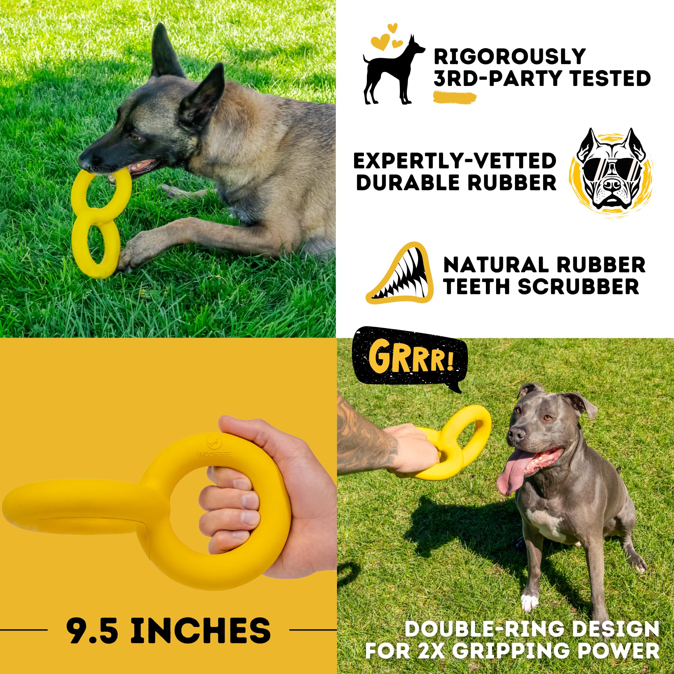 WoofBite Tug Rings show safe, non-toxic natural rubber for peace of mind during chewing.