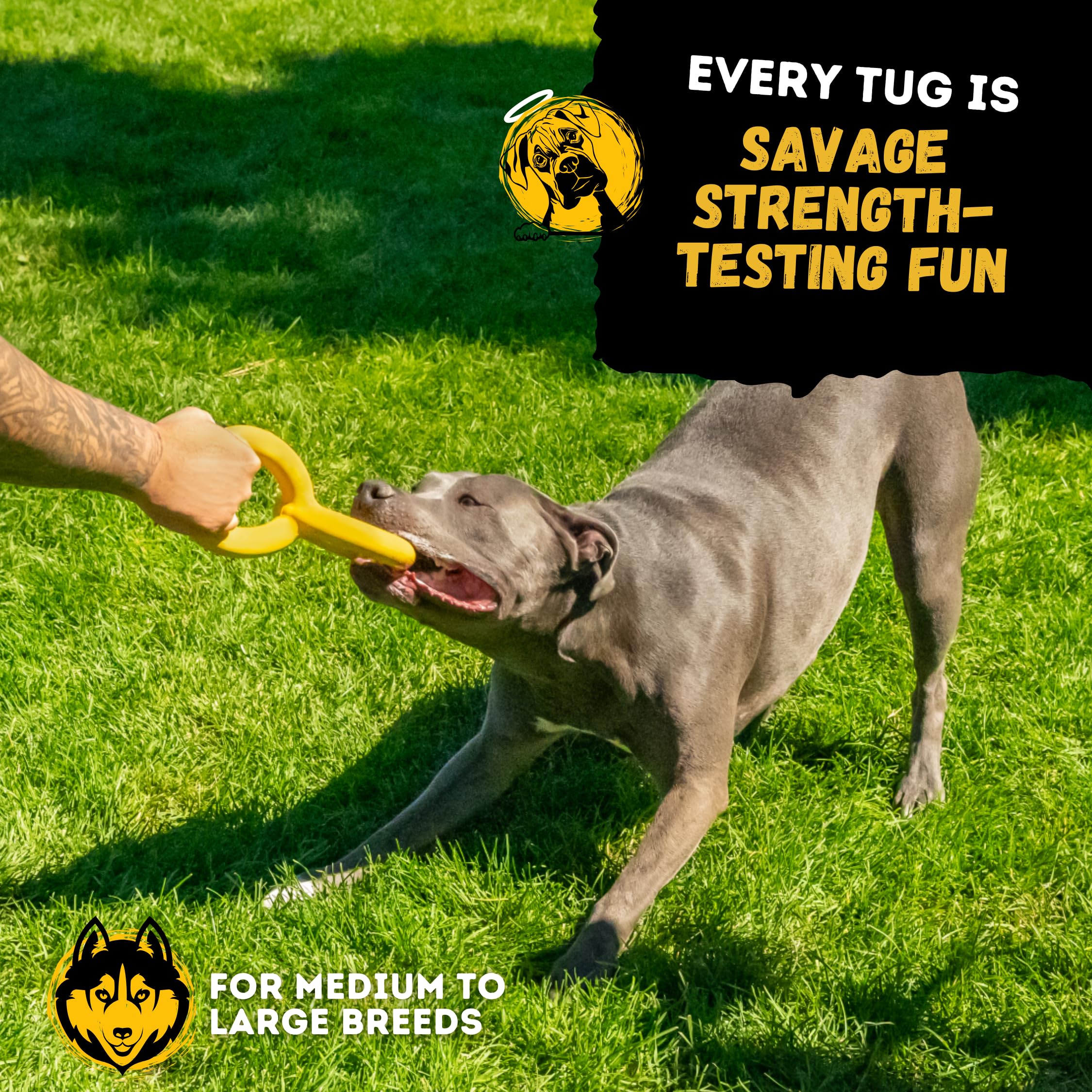 WoofBite Tug Rings emphasize a durable, long-lasting toy backed by a guarantee.