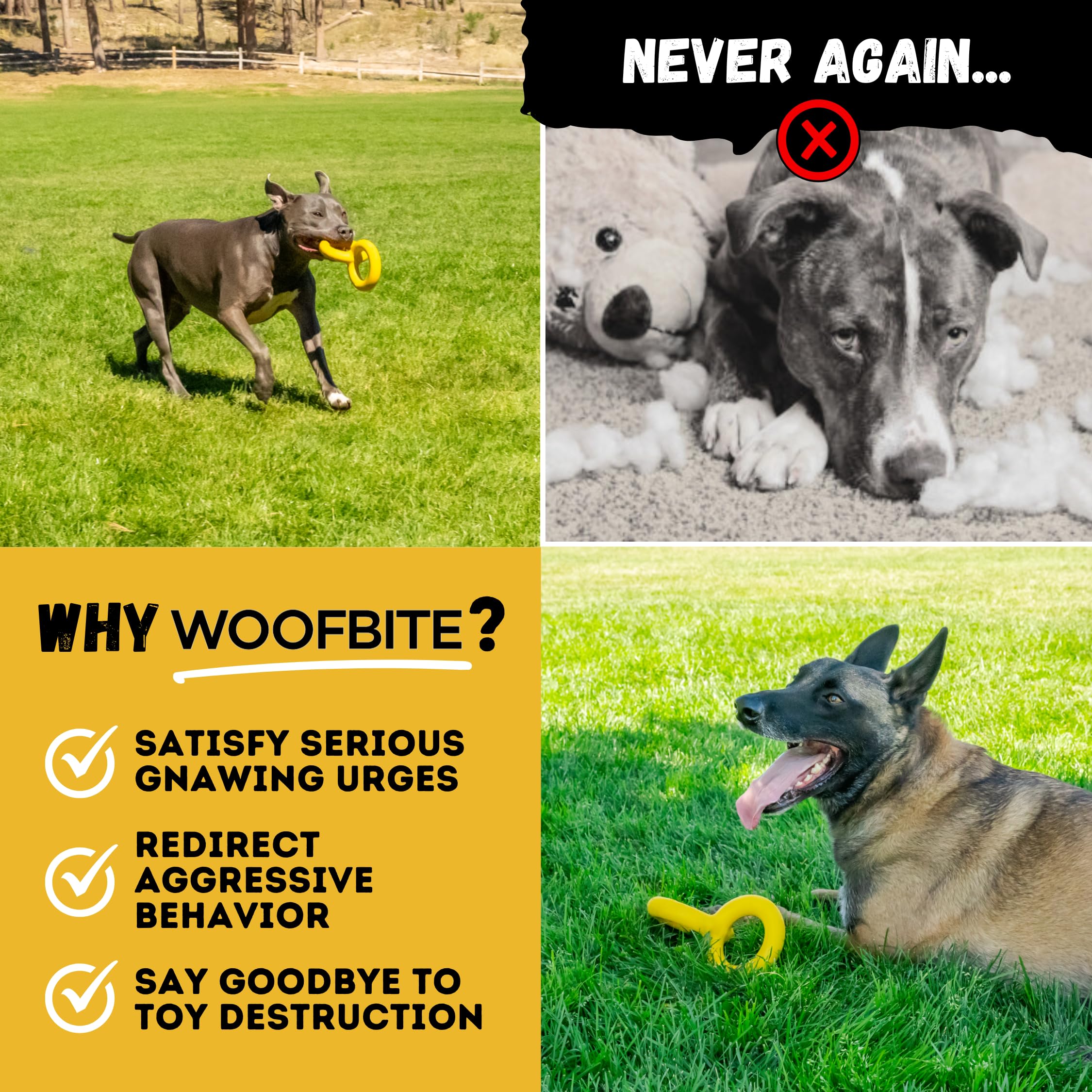 WoofBite Tug Rings highlight safe, non-toxic material and reliable chew play.