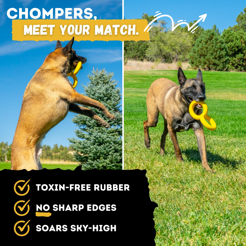 WoofBite Tug Rings yellow visibility aids training and quick dog detection.