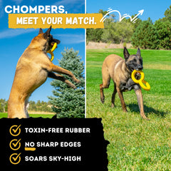 WoofBite Tug Rings yellow visibility aids training and quick dog detection.