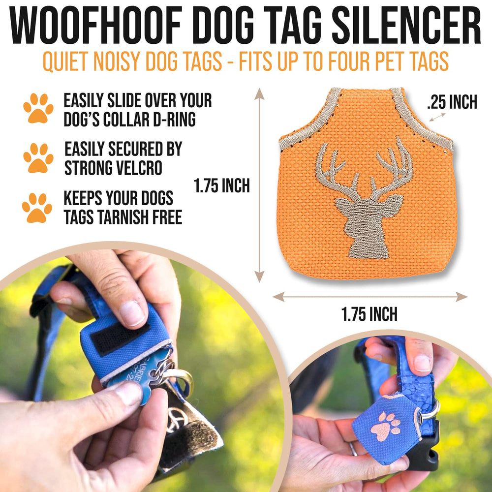 Woofhoof dog tag silencer attached to collar secures quiet protection during walks.
