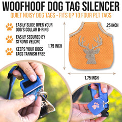 Woofhoof dog tag silencer attached to collar secures quiet protection during walks.