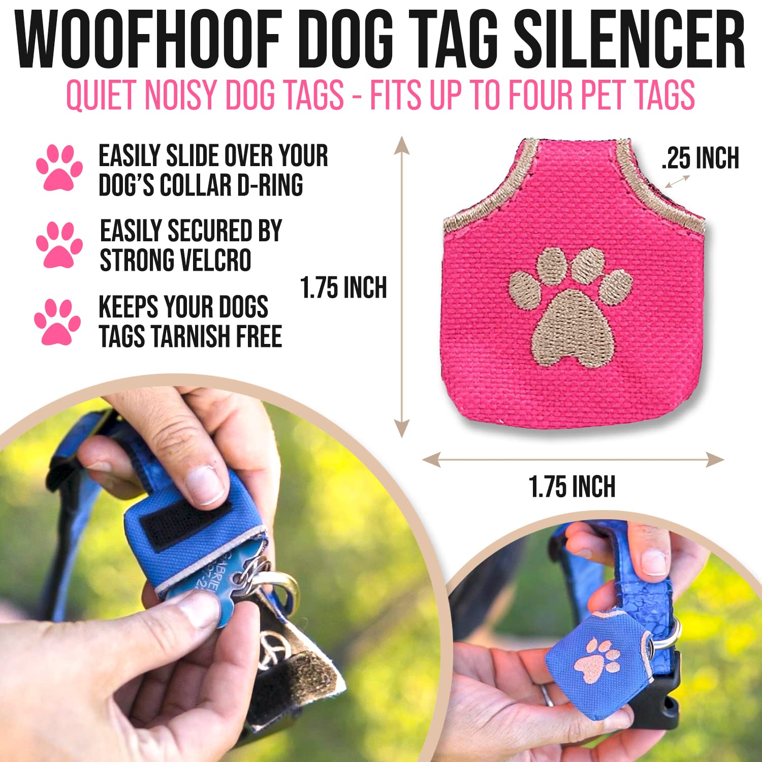 Woofhoof Peace Tag Pink on-collar view demonstrates easy attachment with no extra rings.