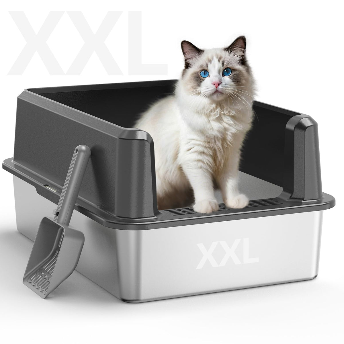 WoofiGo enclosed stainless steel litter box top view shows spacious 26x18 inches for big cats