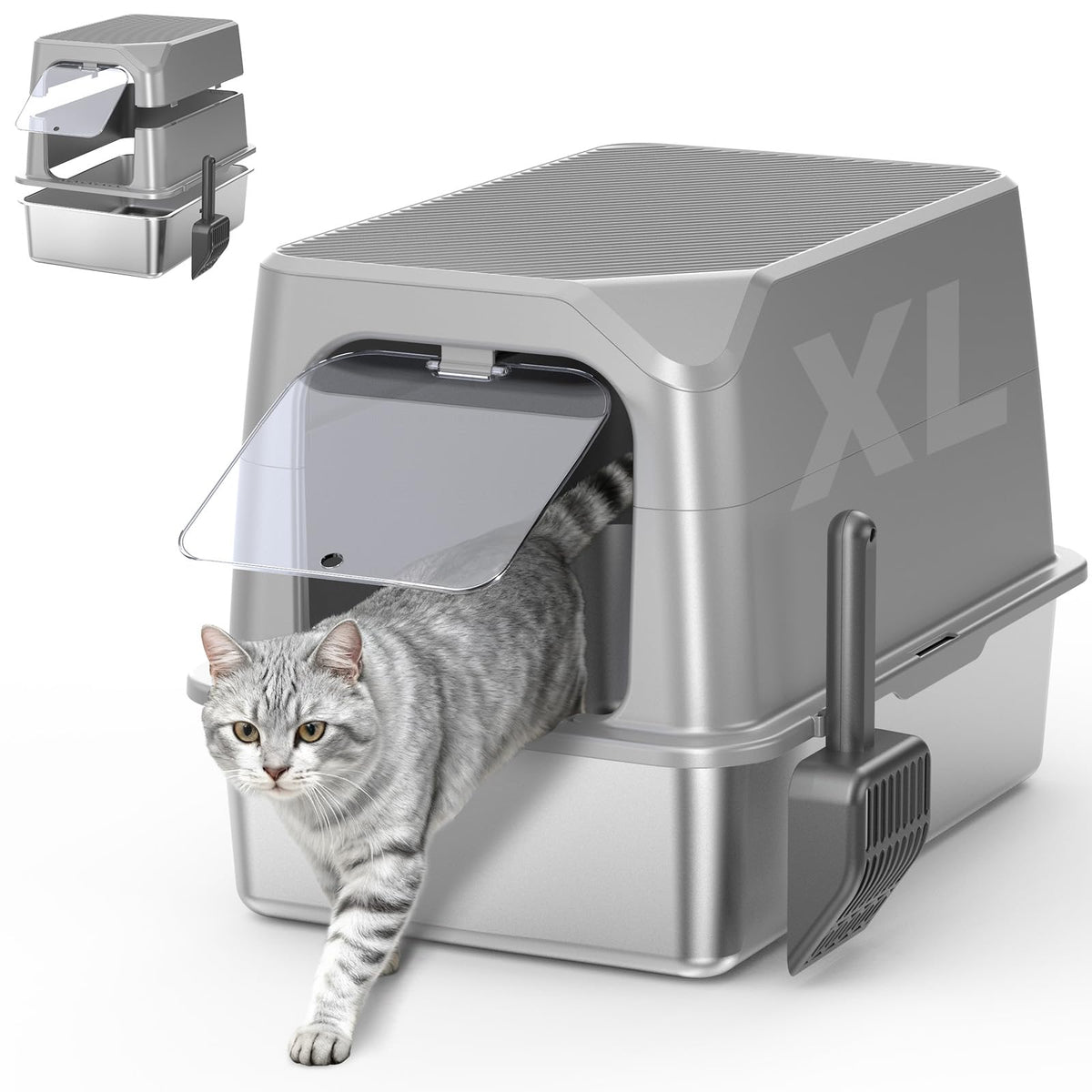 WoofiGo XL enclosed stainless steel litter box front view, spacious interior for big cats.