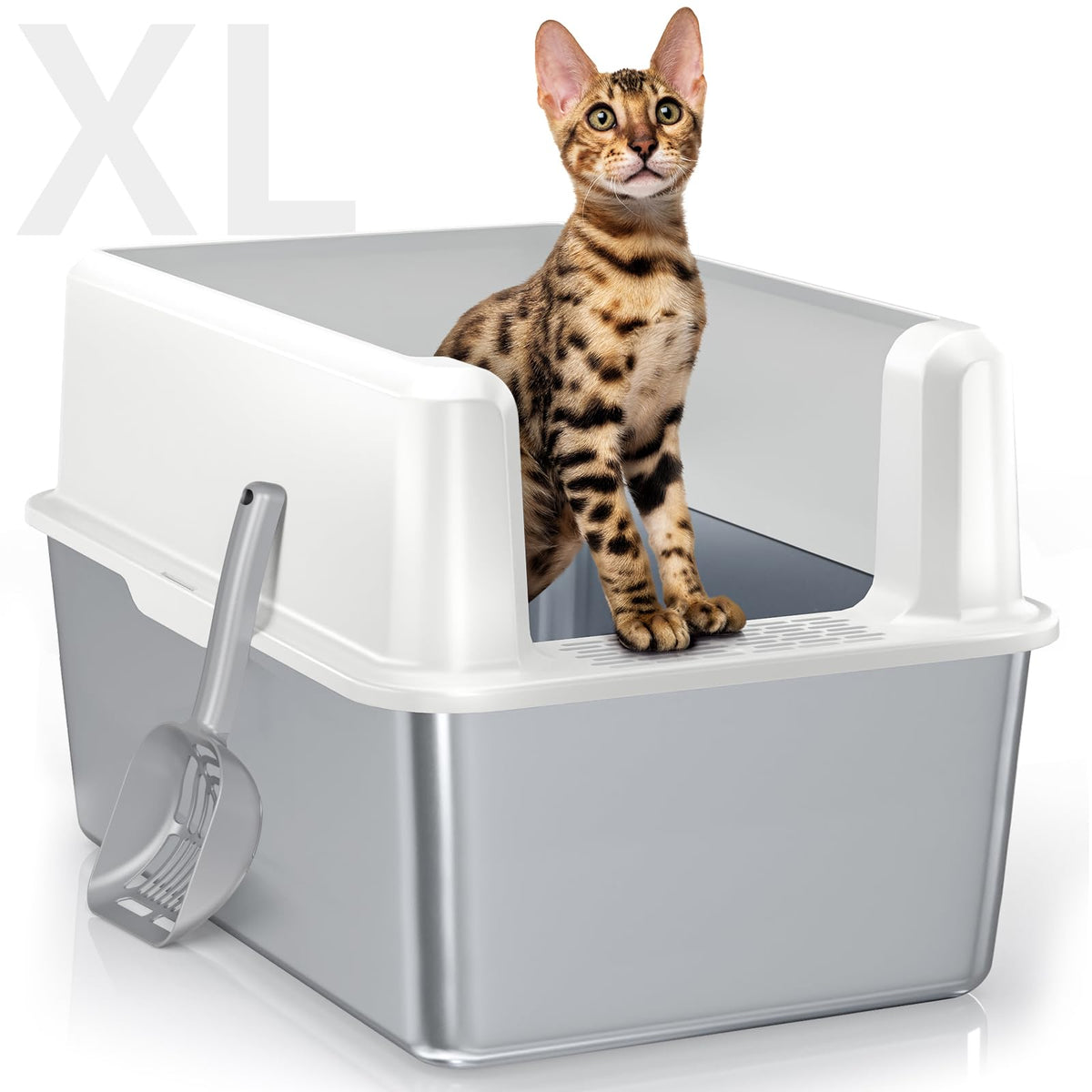 WoofiGo stainless steel litter box open top design enables easy access for cats.