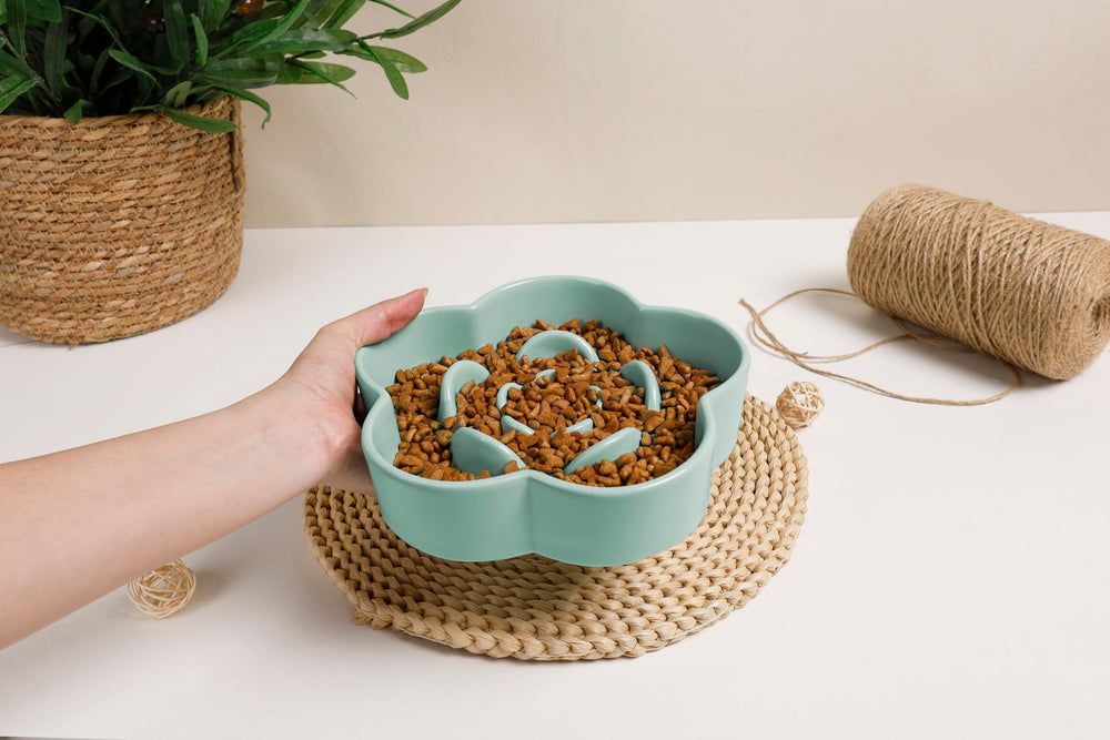 WoofinPets plum puzzle bowl used during quiet feeding sessions