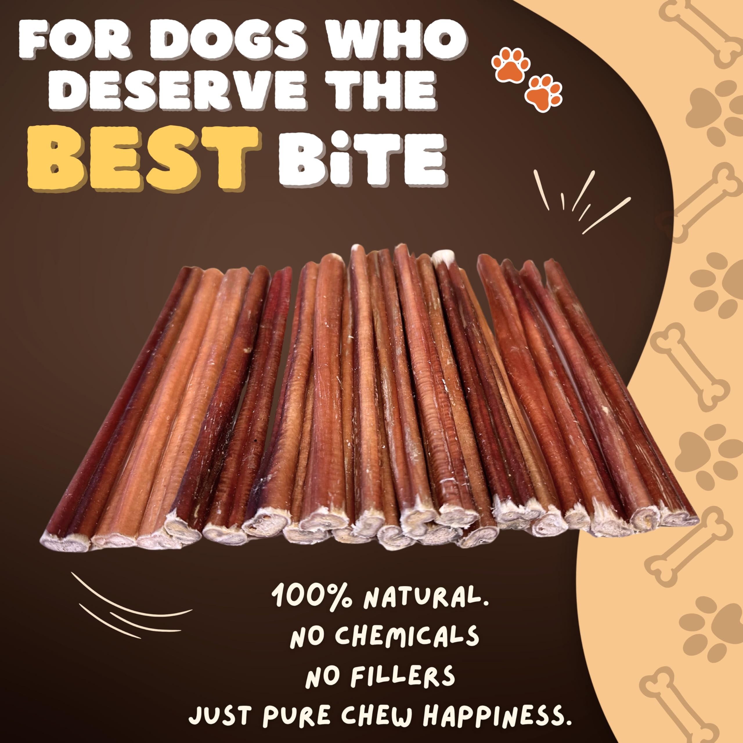 Woofley's bully sticks close-up texture shows a single-ingredient chew for dogs.