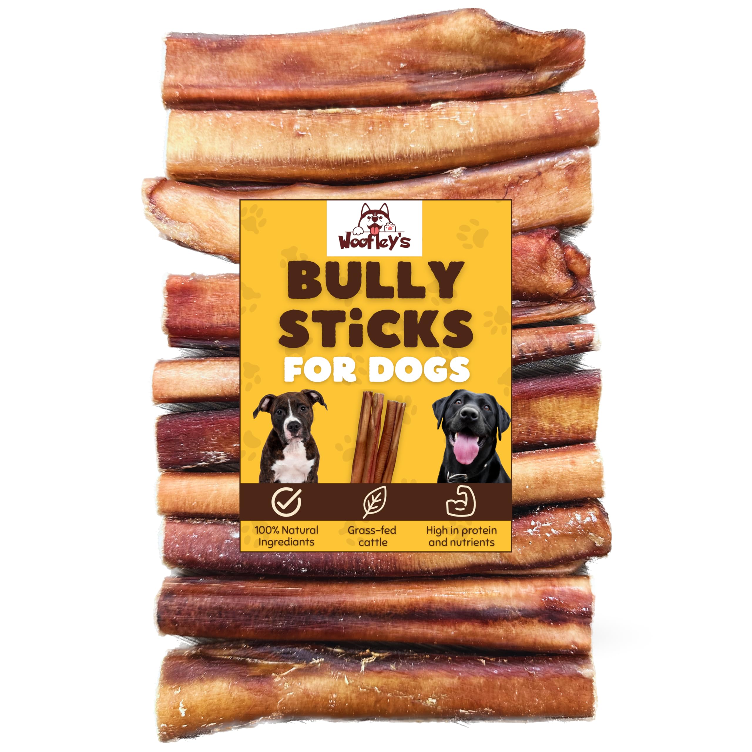 Woofley's 6-inch jumbo buffalo bully sticks shown for long-lasting chew and dog enrichment.