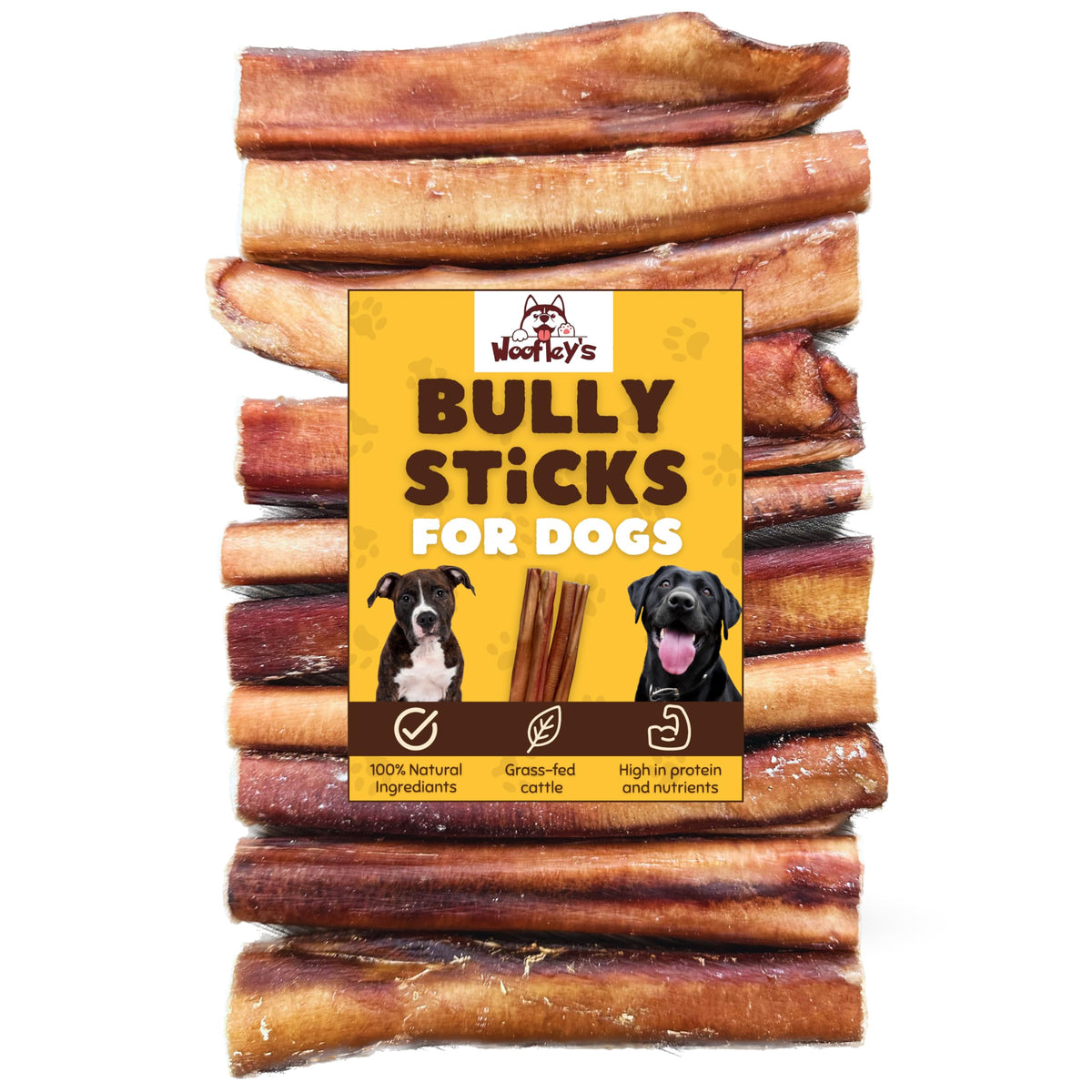 Woofley's 6-inch jumbo buffalo bully sticks shown for long-lasting chew and dog enrichment.