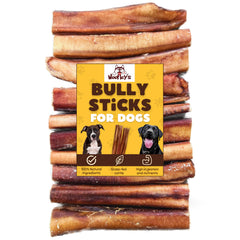 Woofley's 6-inch jumbo buffalo bully sticks shown for long-lasting chew and dog enrichment.