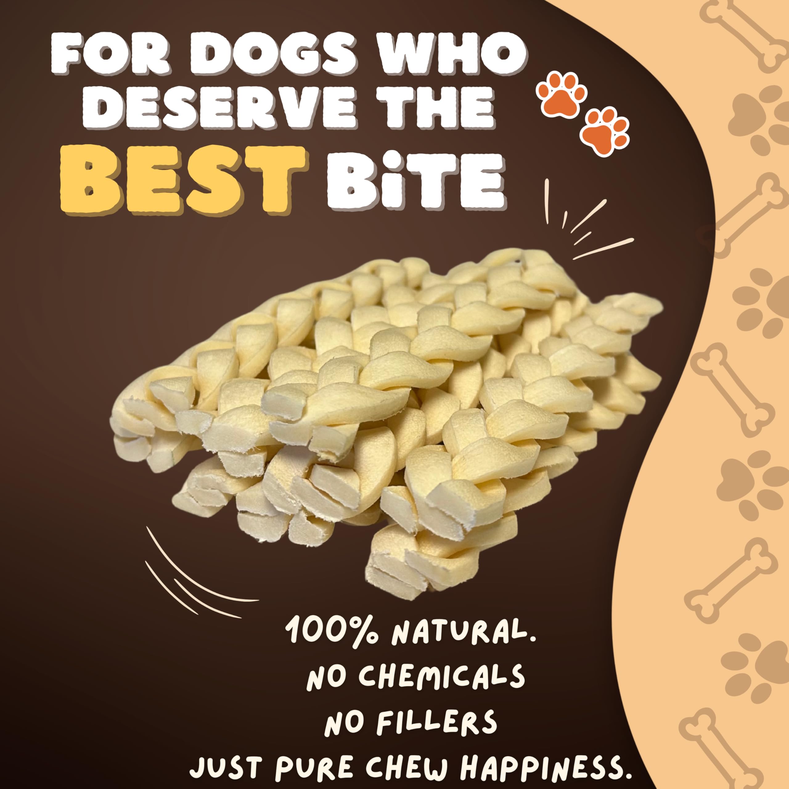 Woofley's Buffalo Beef Cheek Braids close-up texture emphasizes chewable, digestible single-ingredient chew.