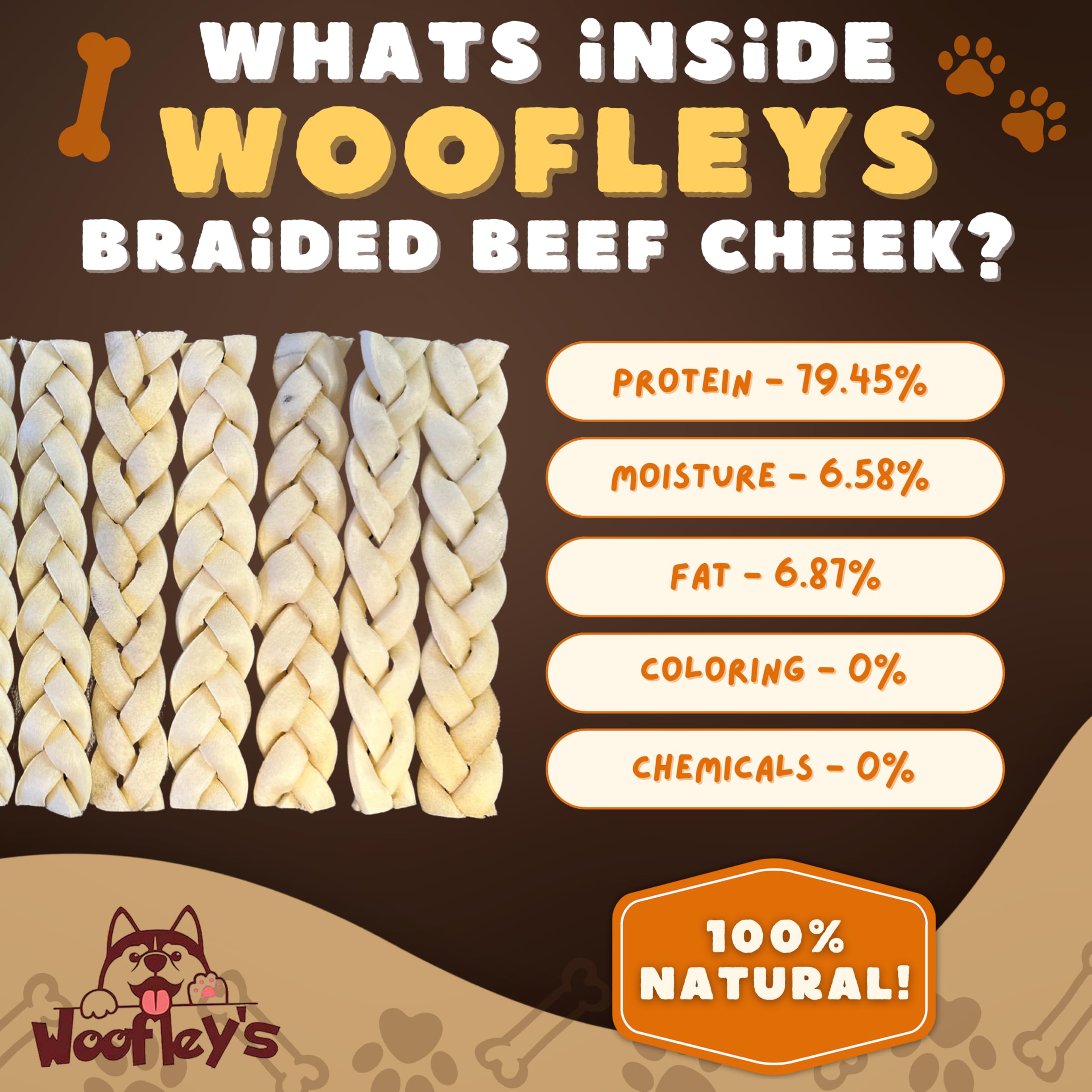 Woofley's Buffalo Beef Cheek Braids aroma-free chew for quiet play.