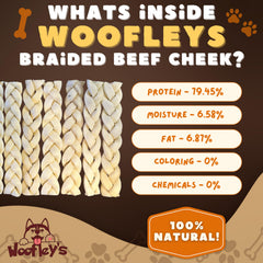 Woofley's Buffalo Beef Cheek Braids aroma-free chew for quiet play.