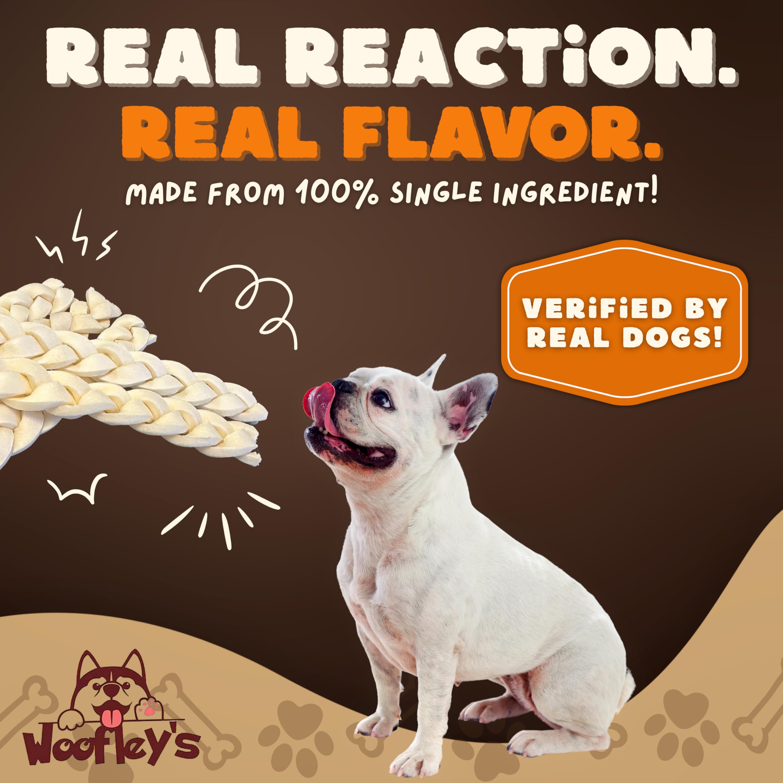 Woofley's Buffalo Beef Cheek Braids on dog during playtime.