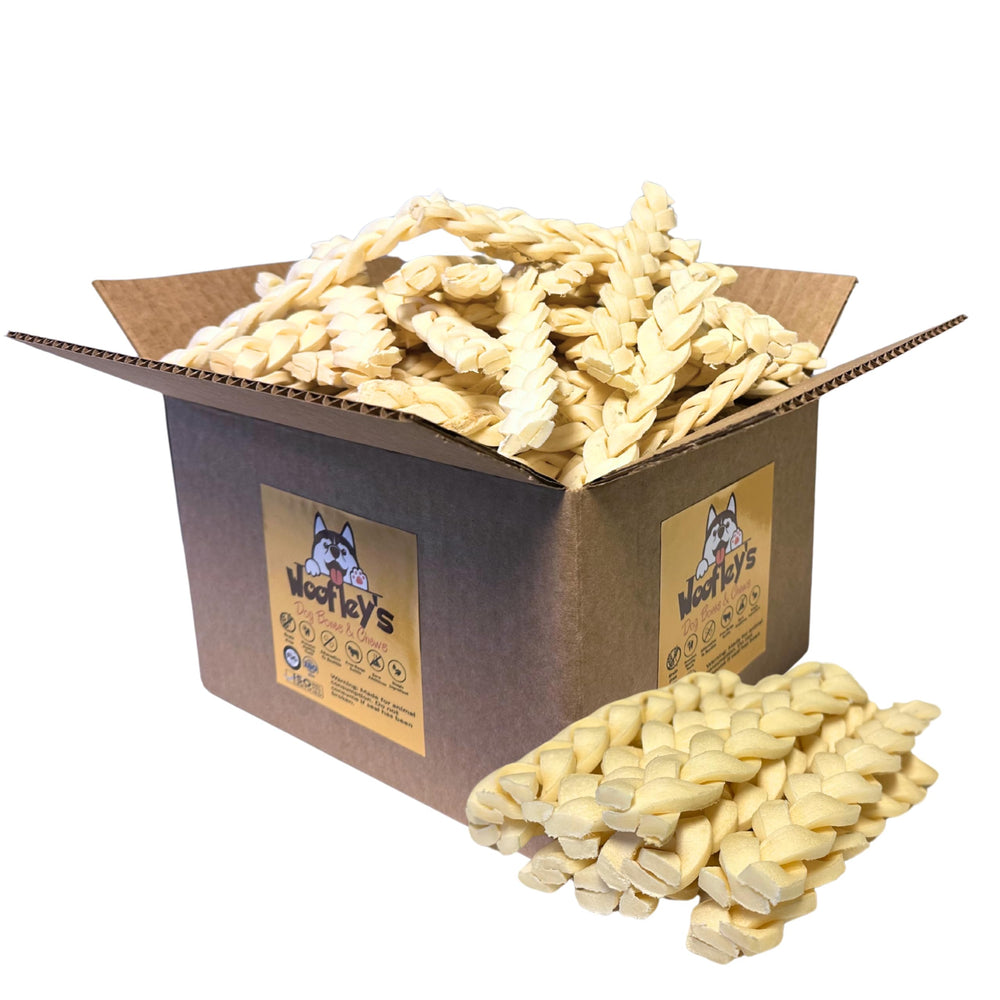 Woofley's Buffalo Beef Cheek Braids packaging highlights bulk value for dogs.