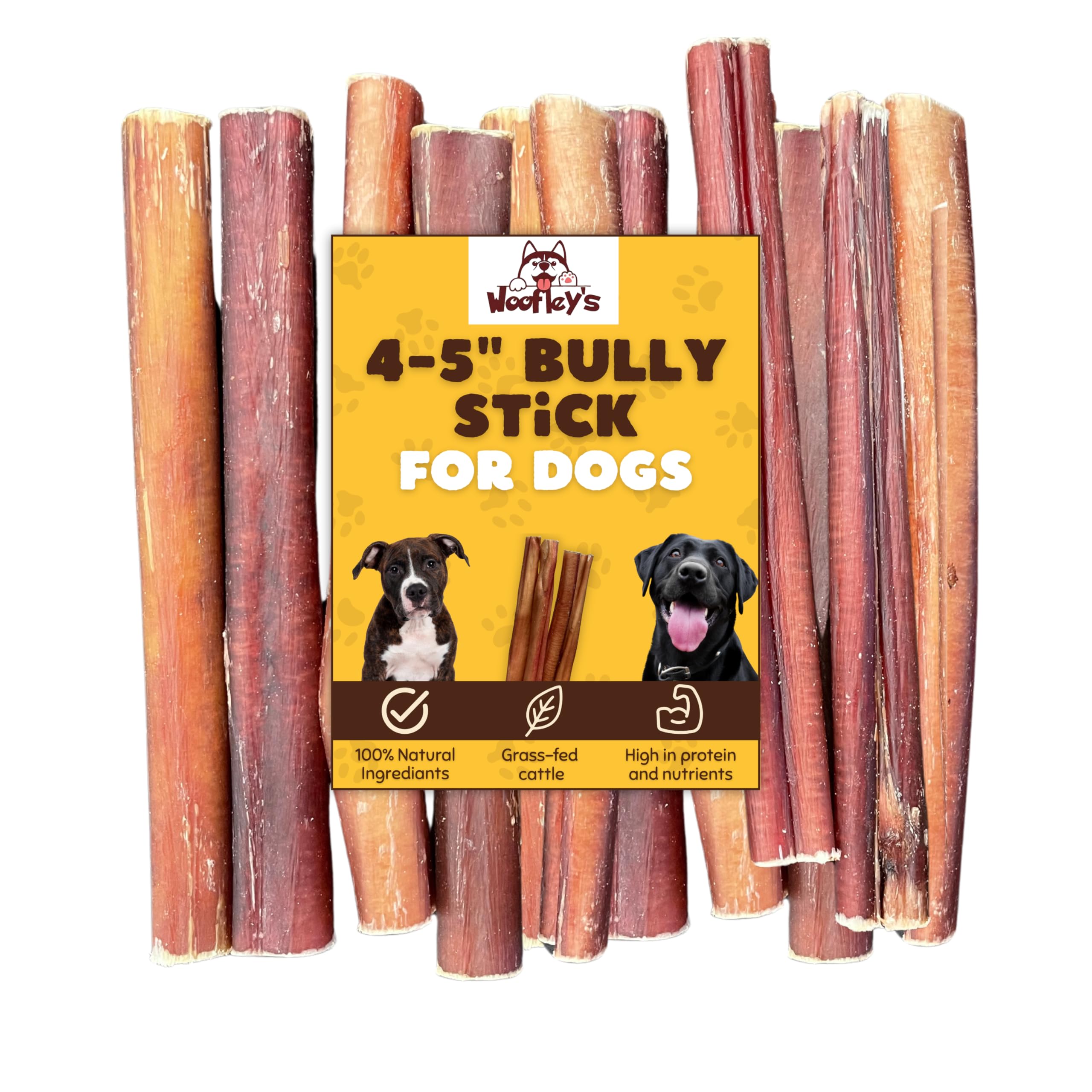 Woofley's bulk bully sticks 20-count packaging for long-lasting dog chews.