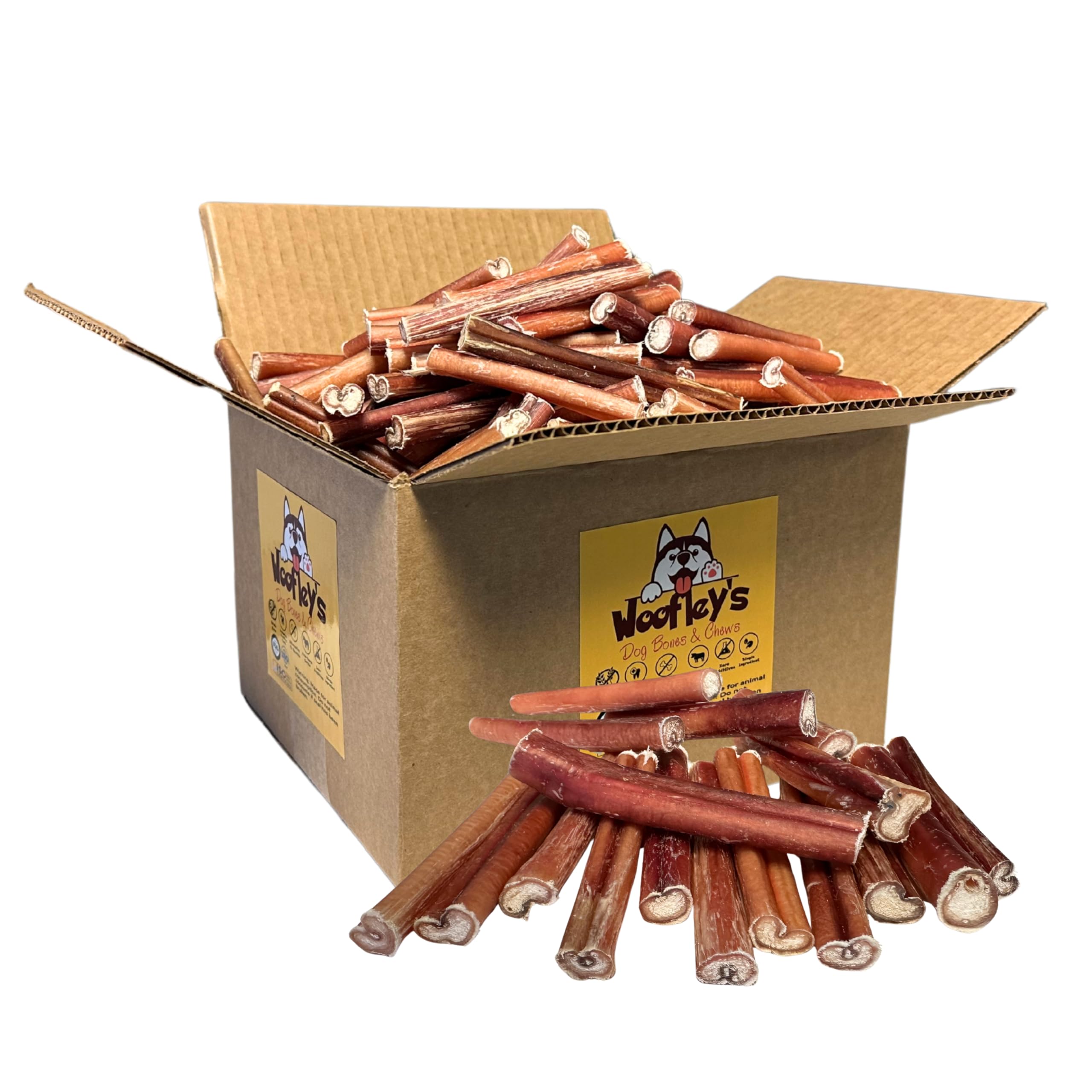 Woofley's bulk bully sticks 50-count pack ready for long lasting chew sessions.