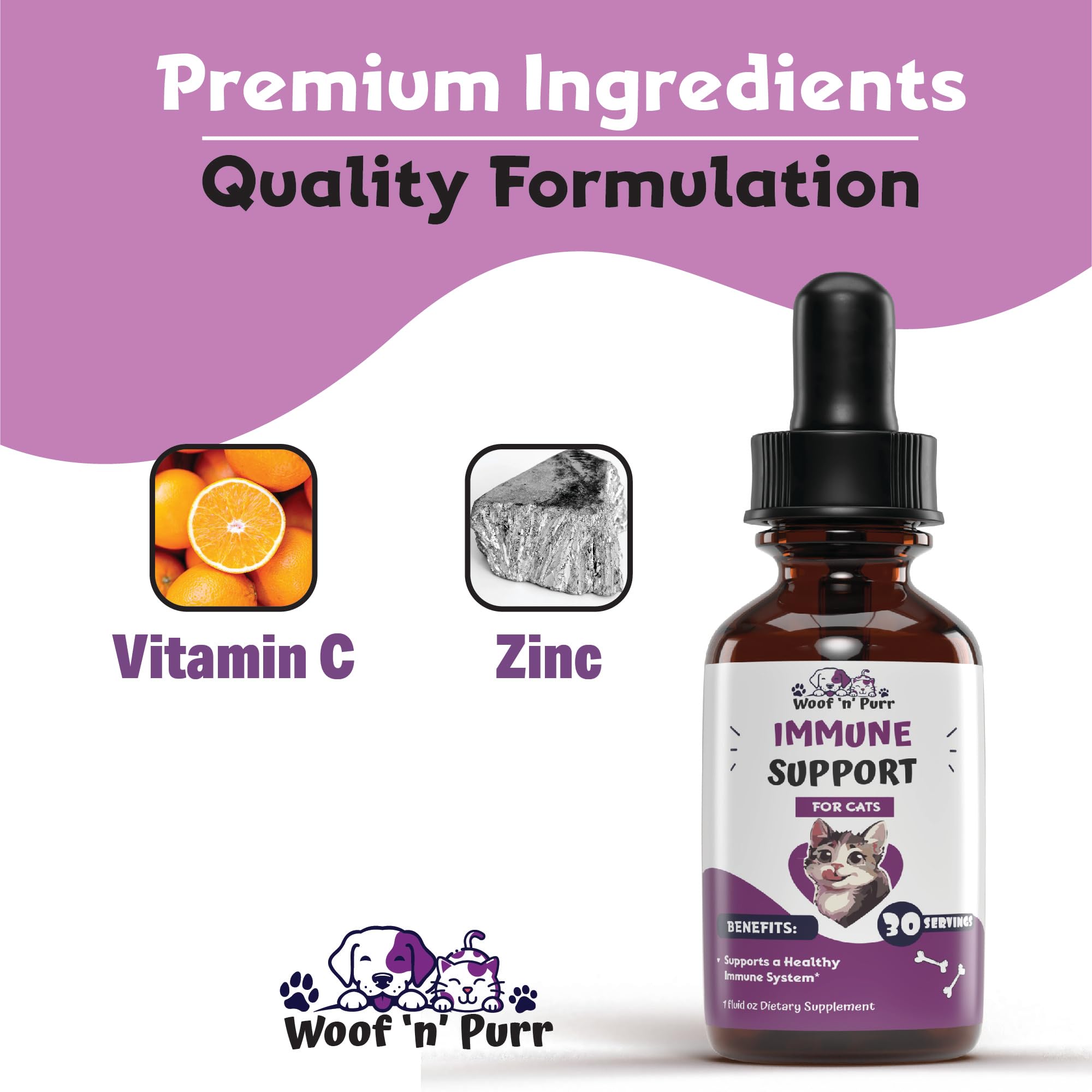 Woof 'n' Purr cat wellness scene depicts daily immune support.