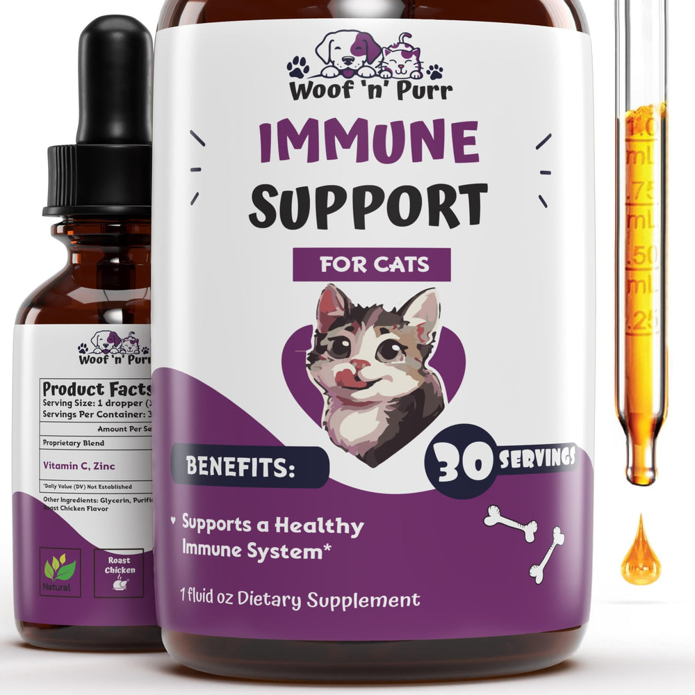 Woof 'n' Purr immune support bottle showing label for cat immune support.