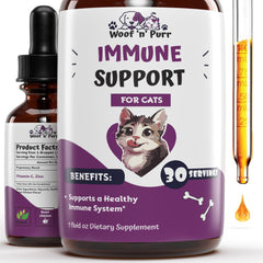 Woof 'n' Purr immune support bottle showing label for cat immune support.