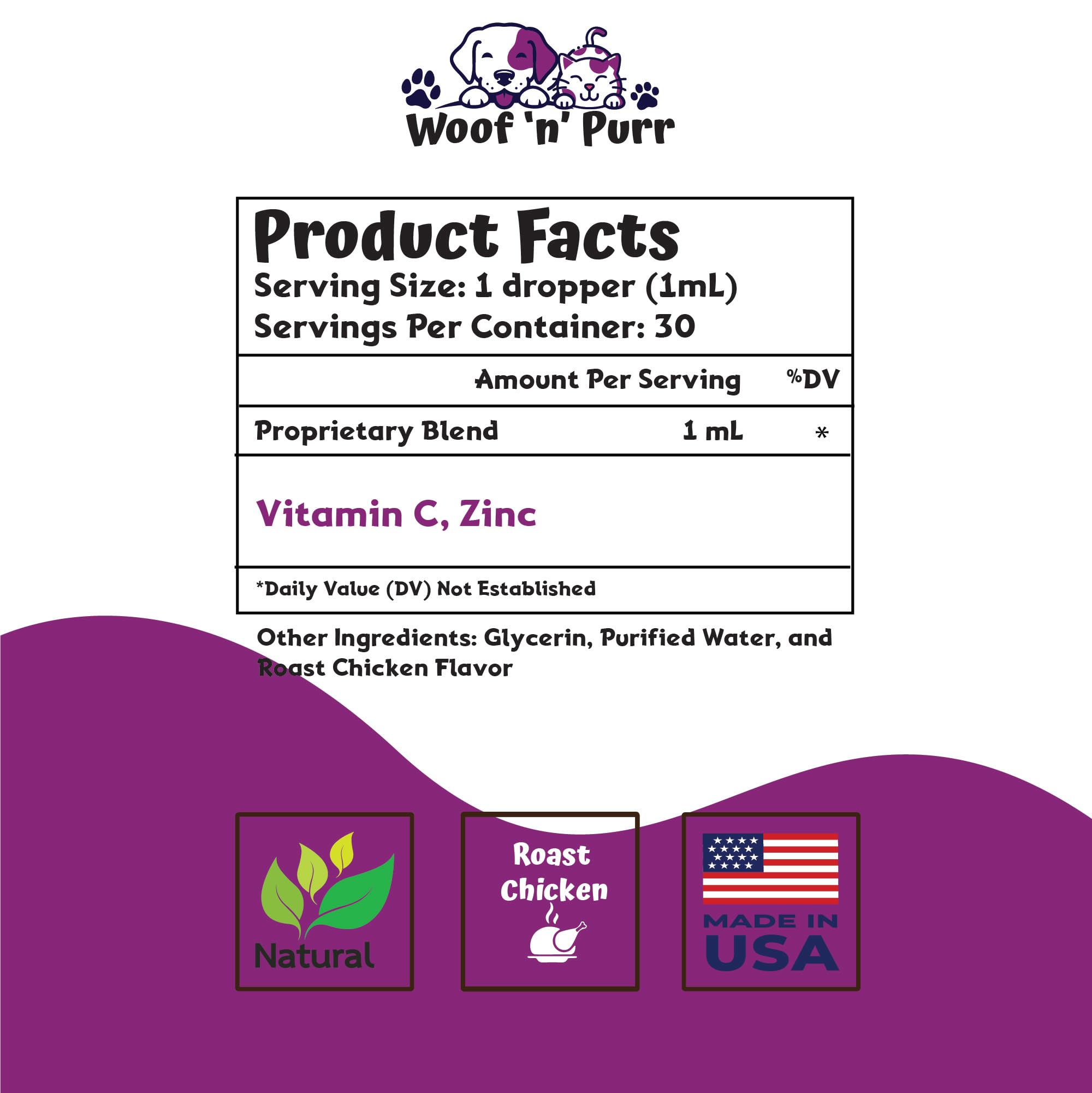 Woof 'n' Purr immune support dropper ready for easy dosing in meals.