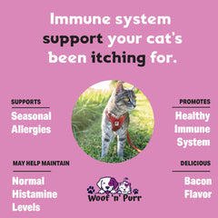 Woof 'n' Purr immune support label close-up highlights vitamin C and zinc.