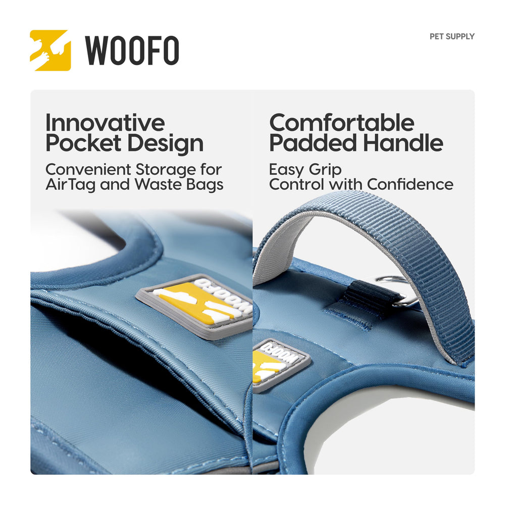 WOOFO Core harness integrated pocket stores essentials like AirTags or bags.