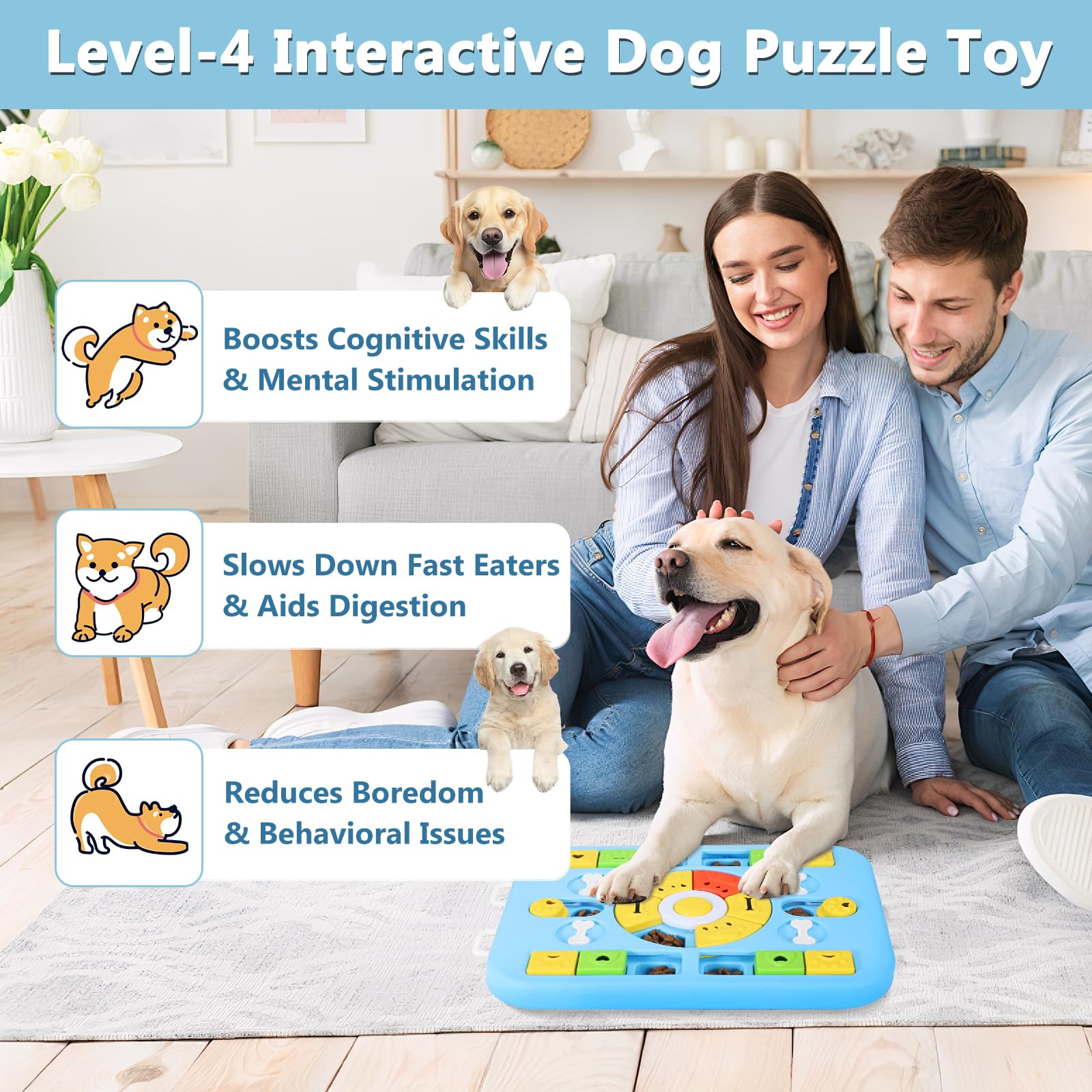WOOFOOW mental-stimulation close-up emphasizes brain engagement for smart dogs.