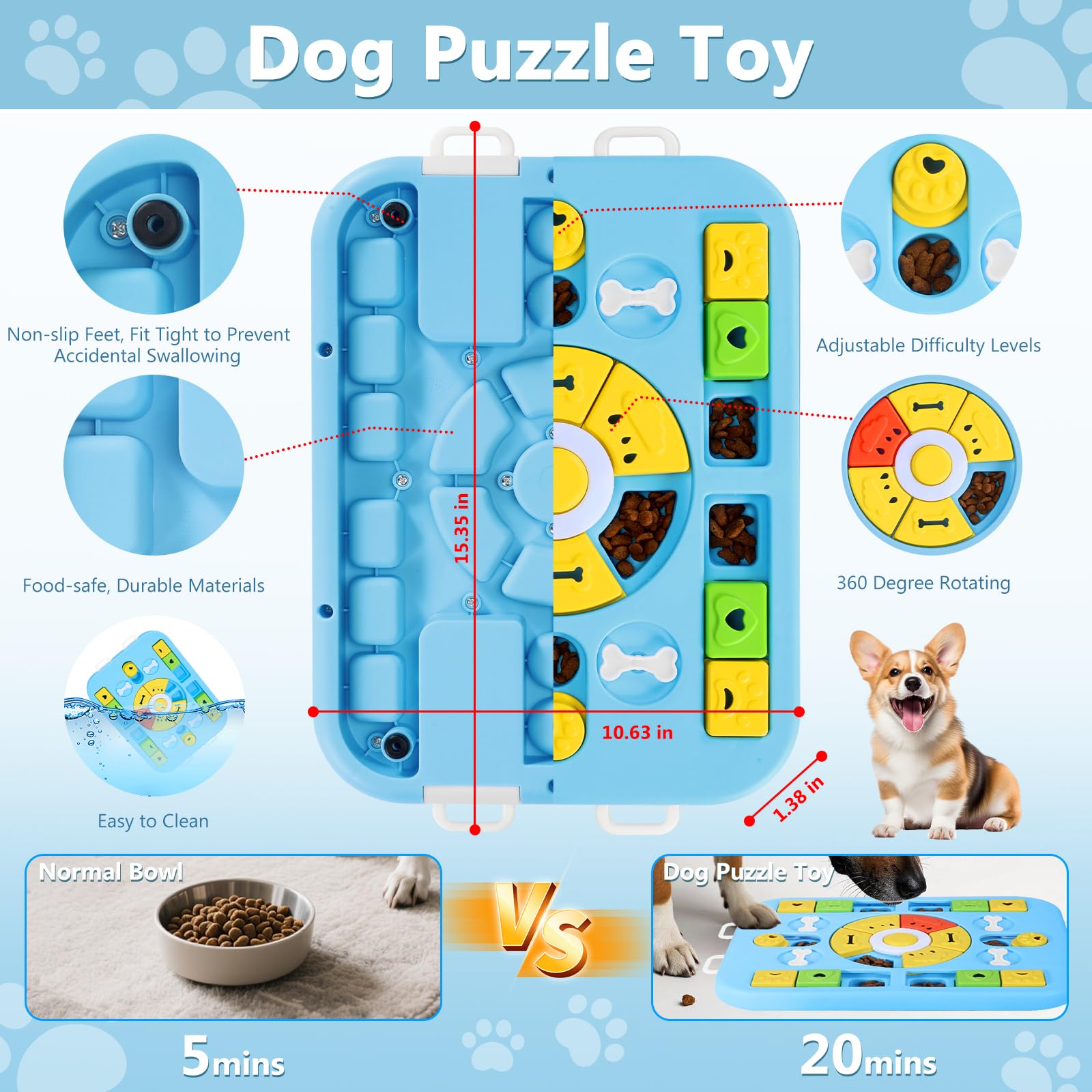 WOOFOOW washable materials scene highlights easy cleaning after chewy treat-filled sessions.