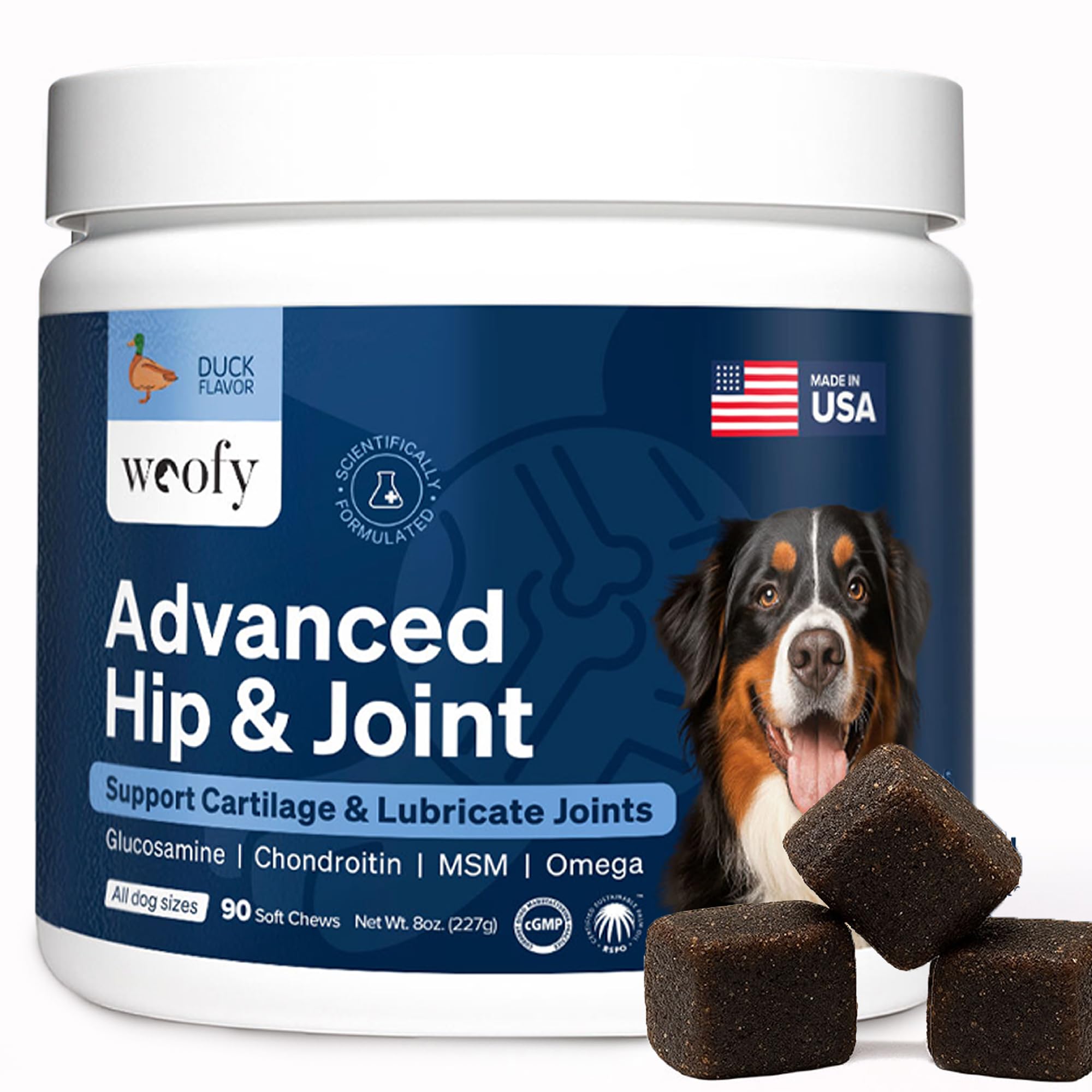 Woofy duck-flavor hip joint chews pack supports mobility with tasty daily treat