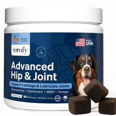 Woofy duck-flavor hip joint chews pack supports mobility with tasty daily treat