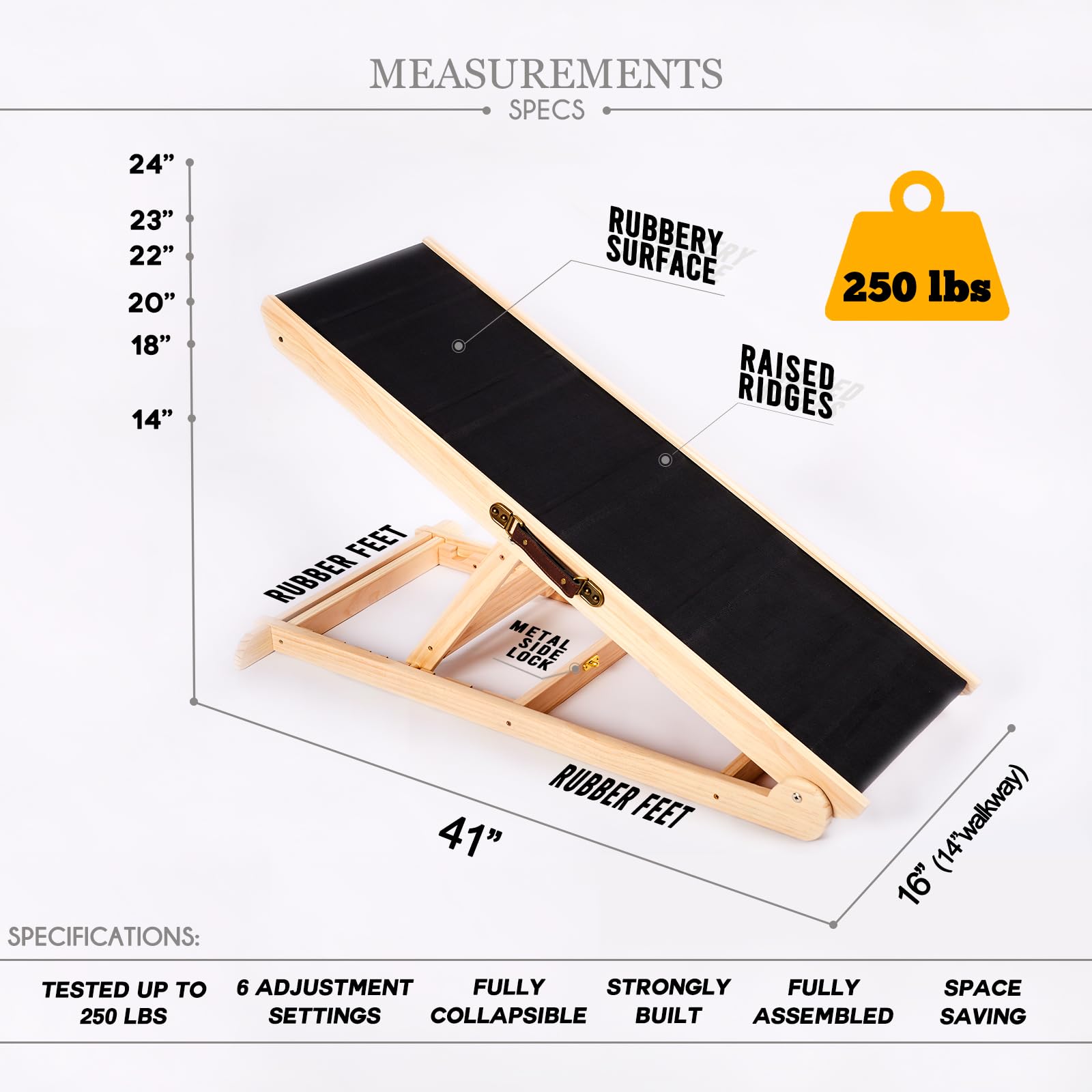 Woohoo Lab dog ramp shows adjustable height beside the bed for comfort.