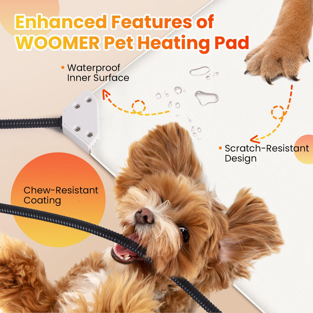 WOOMER pet heating pad XL 35x24 with steel-wrapped cord for chew resistance and safety.