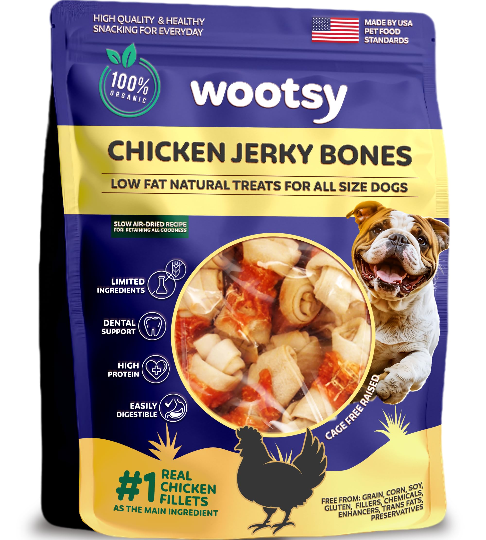 Wootsy chicken-wrapped knotted rawhide bones packaging highlights durable chew