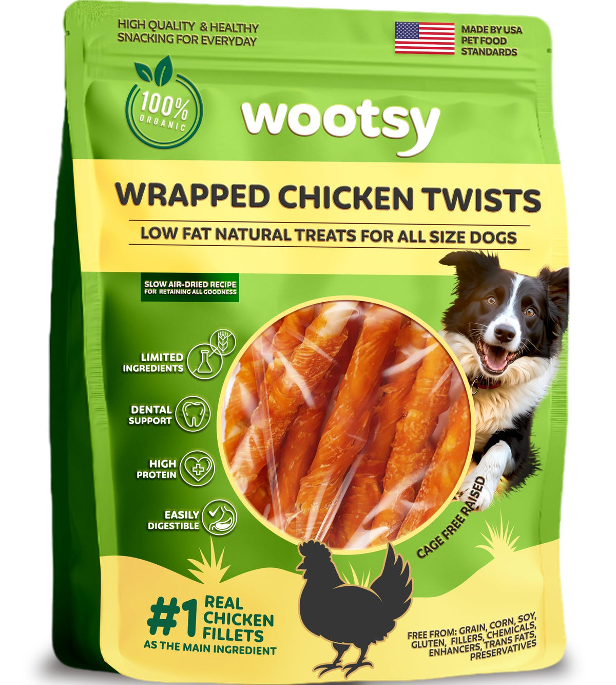 Wootsy chicken-wrapped rawhide stick closeup showing chewy texture for dental care.