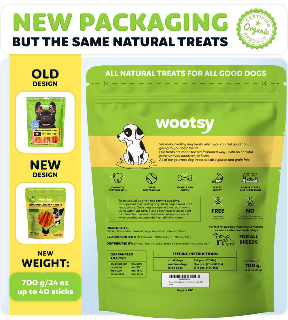 Wootsy chicken-wrapped rawhide stick packaging highlighting grain-free, high-protein dog treats.
